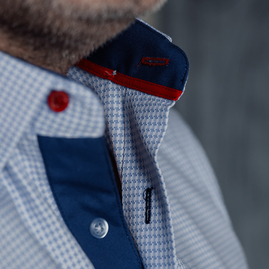 Camasa barbati business casual bleu pied de coq cu detalii design Merer