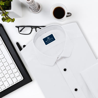 Camasa barbati alba ceremonie cu guler taiat si mansete butoni Merer