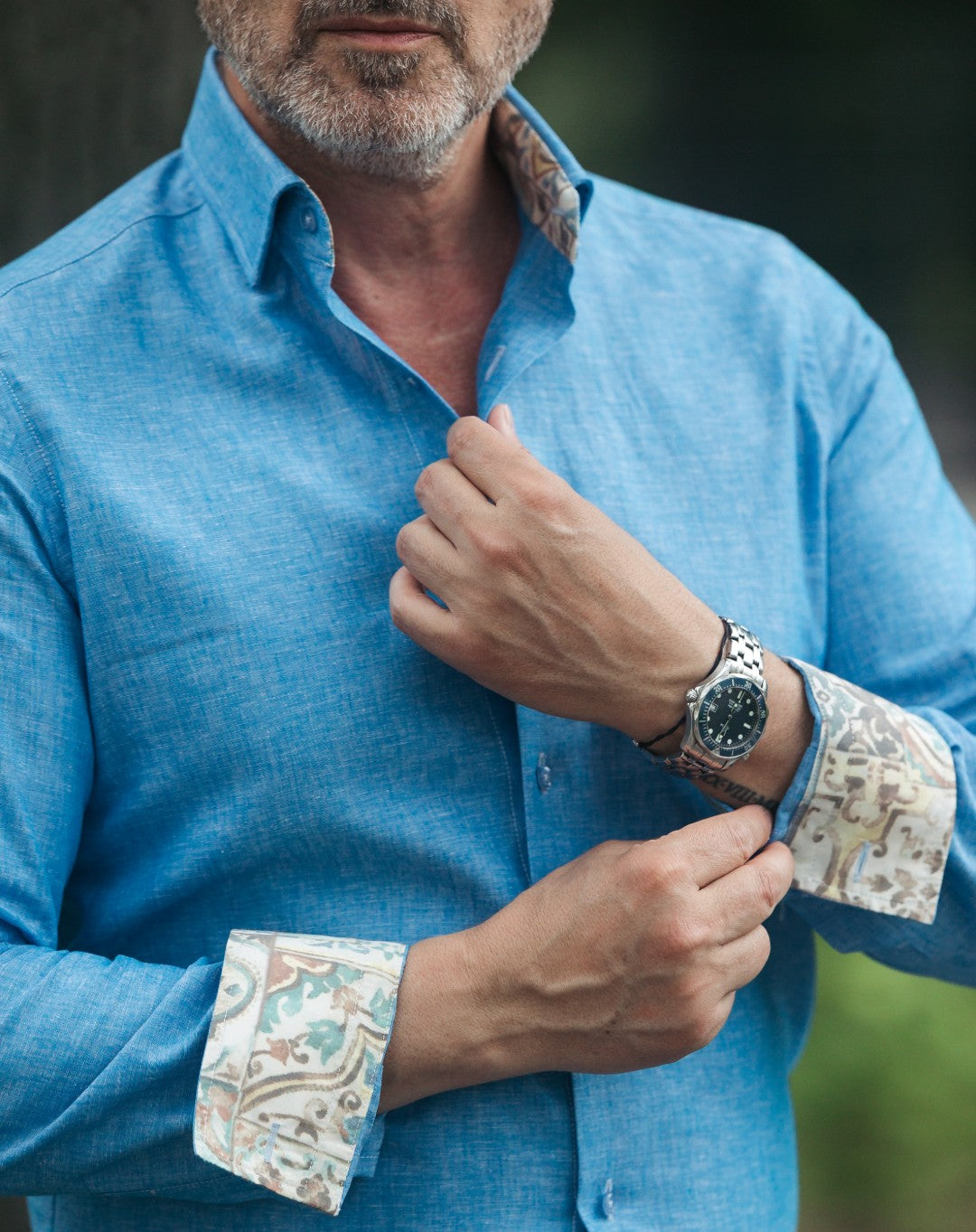 Men's casual shirt in navy-turquoise IN with Merer trims