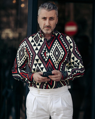 IN shirt with large tribal pattern