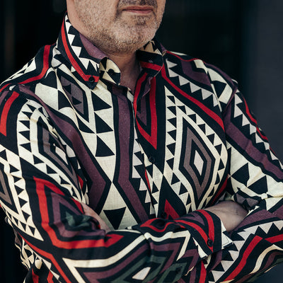 IN shirt with large tribal pattern