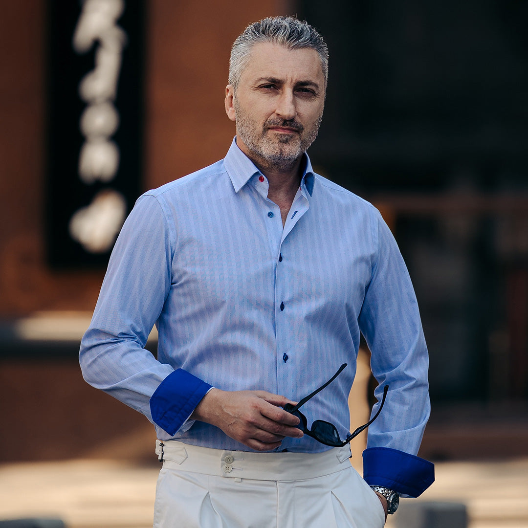 Camasa barbati bleu cu model fin si detalii de design casual Merer