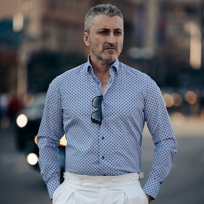 Men's blue shirt with all-over casual pattern and Merer print