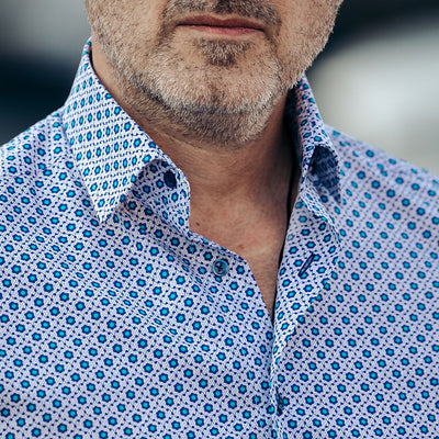 Men's blue shirt with all-over casual pattern and Merer print