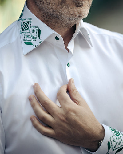 Camasa barbati casual traditionala cu model brodat verde Merer