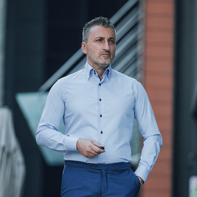 Camasa barbati bleu cu guler lung business casual Merer