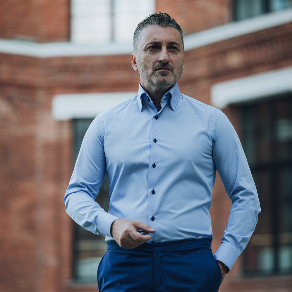 Camasa barbati bleu cu guler lung business casual Merer