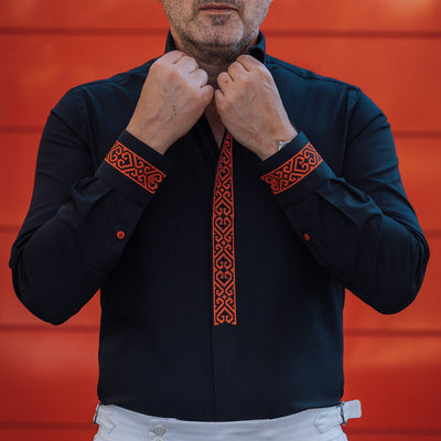 Men's black casua shirt with tunic collar and red embroidery Merer