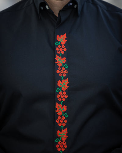 Men's casual black shirt with two-color embroidered grape motifs Merer