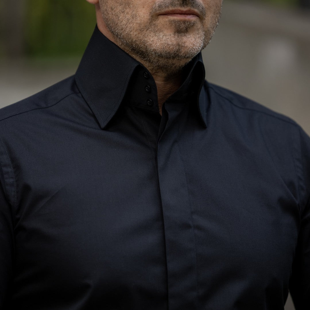 Camasa barbati neagra business casual cu guler foarte inalt