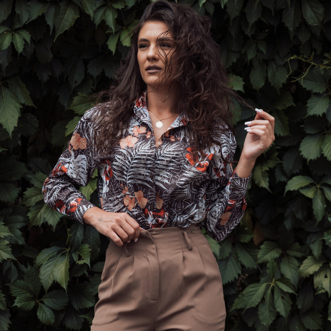 Camasa femei alba oversize model maro-caramiziu Merer