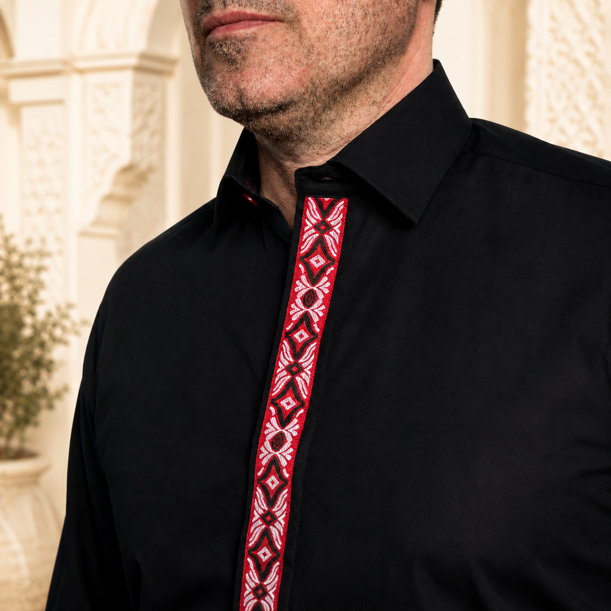 Men's casual black shirt with traditional red motifs Merer