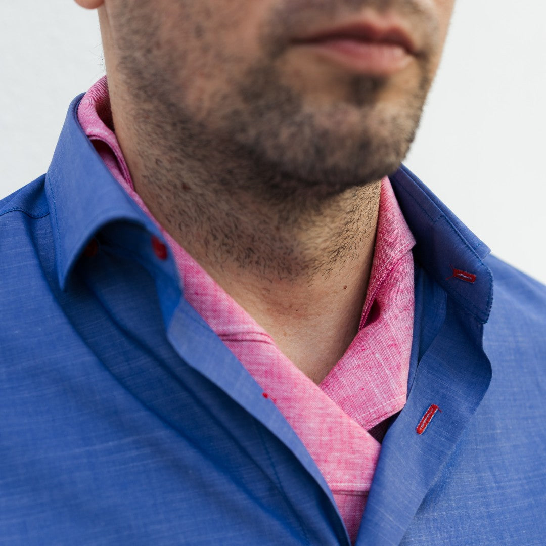 Camasa barbati albastra casual cu nasturi rosii Merer