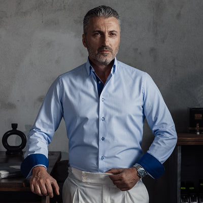 Camasa barbati business casual bleu pied de coq cu detalii design Merer