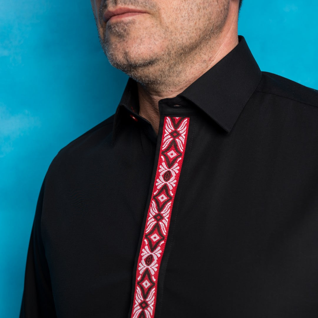 Men's casual black shirt with traditional red motifs Merer