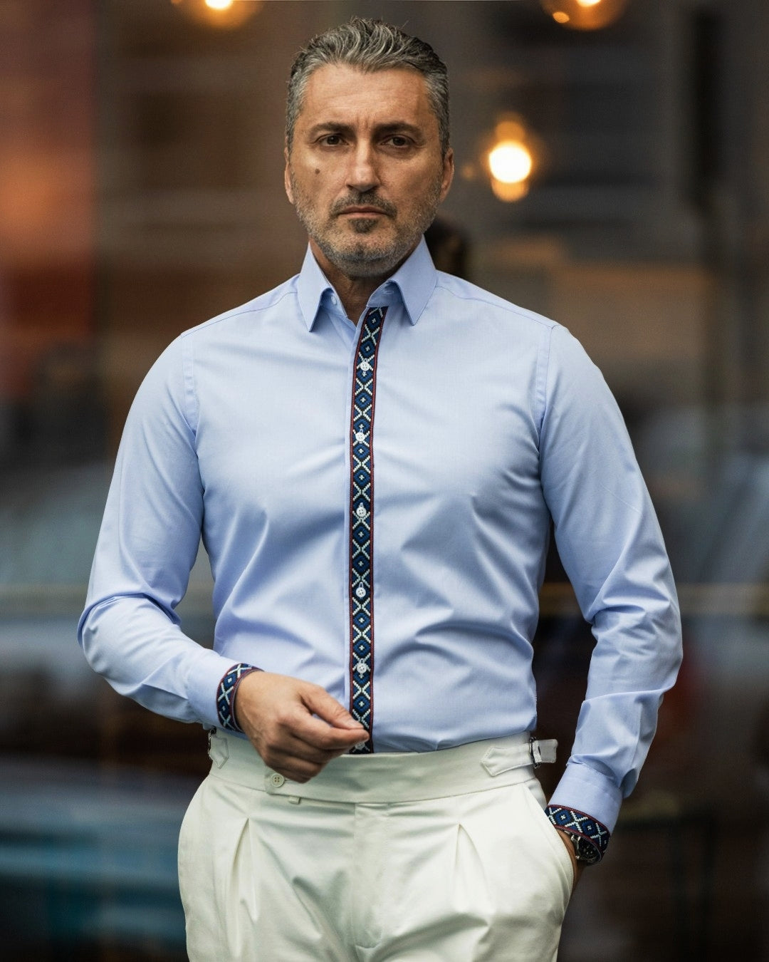 Men's casual blue shirt with traditional red-blue motifs Merer