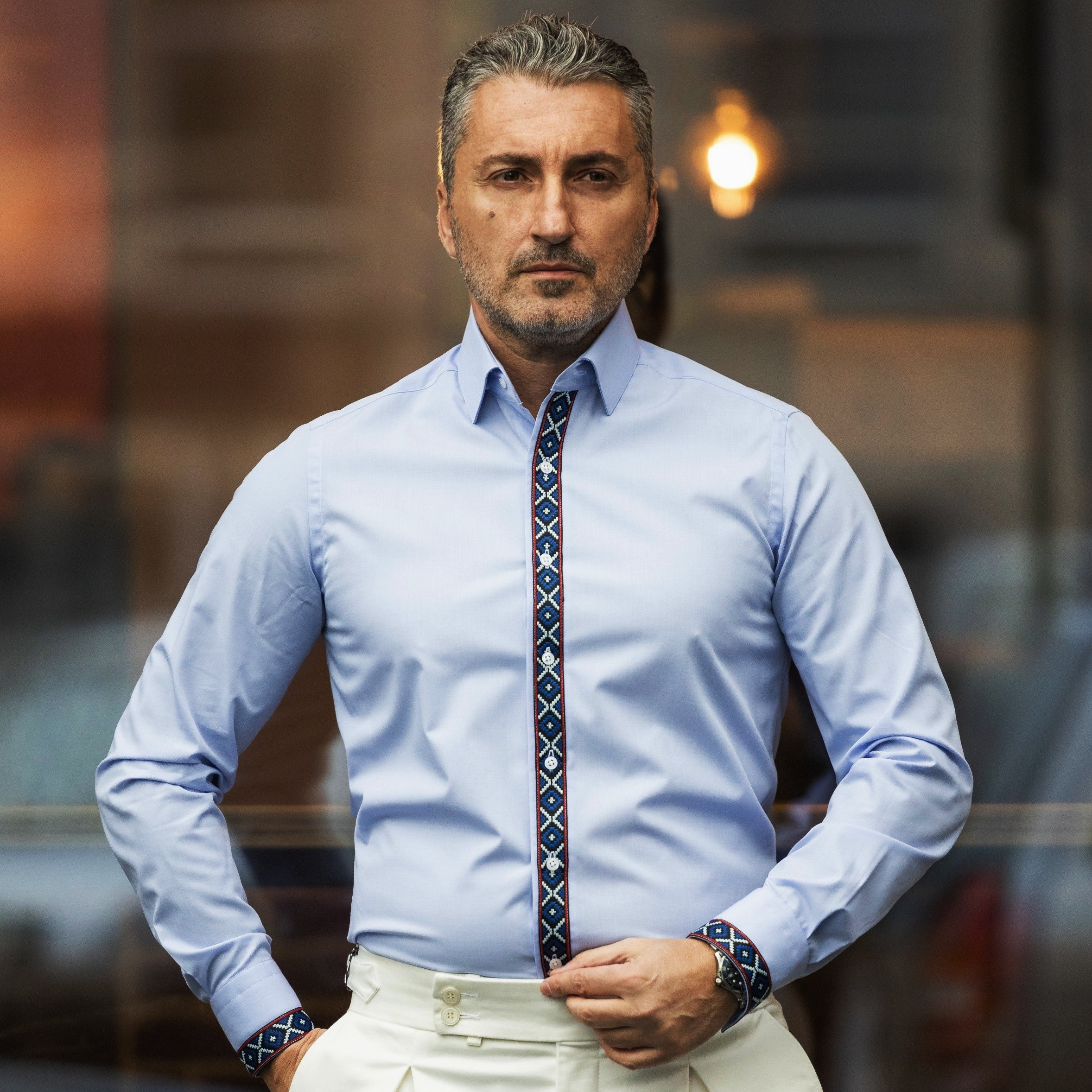 Men's casual blue shirt with traditional red-blue motifs Merer