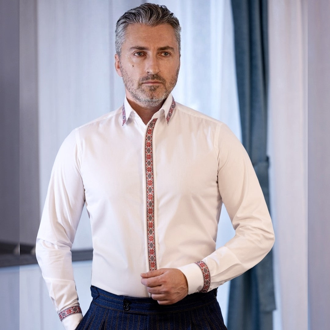 Men's casual white shirt with traditional red and black motifs Merer