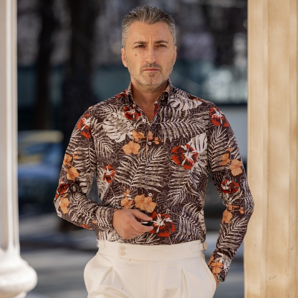 Camasa barbati casual imprimeu floral maro Merer