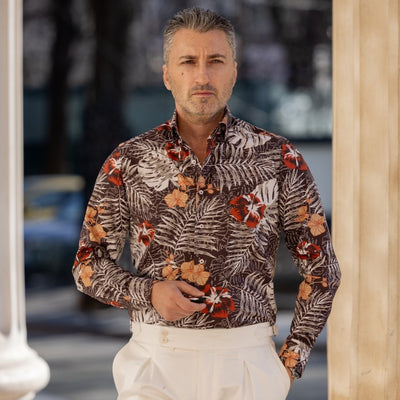 Men's casual shirt with floral print, brown, Merer