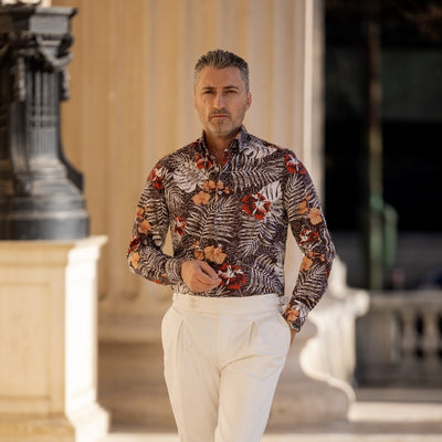 Men's casual shirt with floral print, brown, Merer