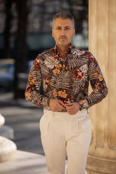 Men's casual shirt with floral print, brown, Merer