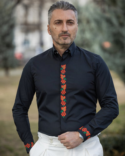 Men's casual black shirt with two-color embroidered grape motifs Merer