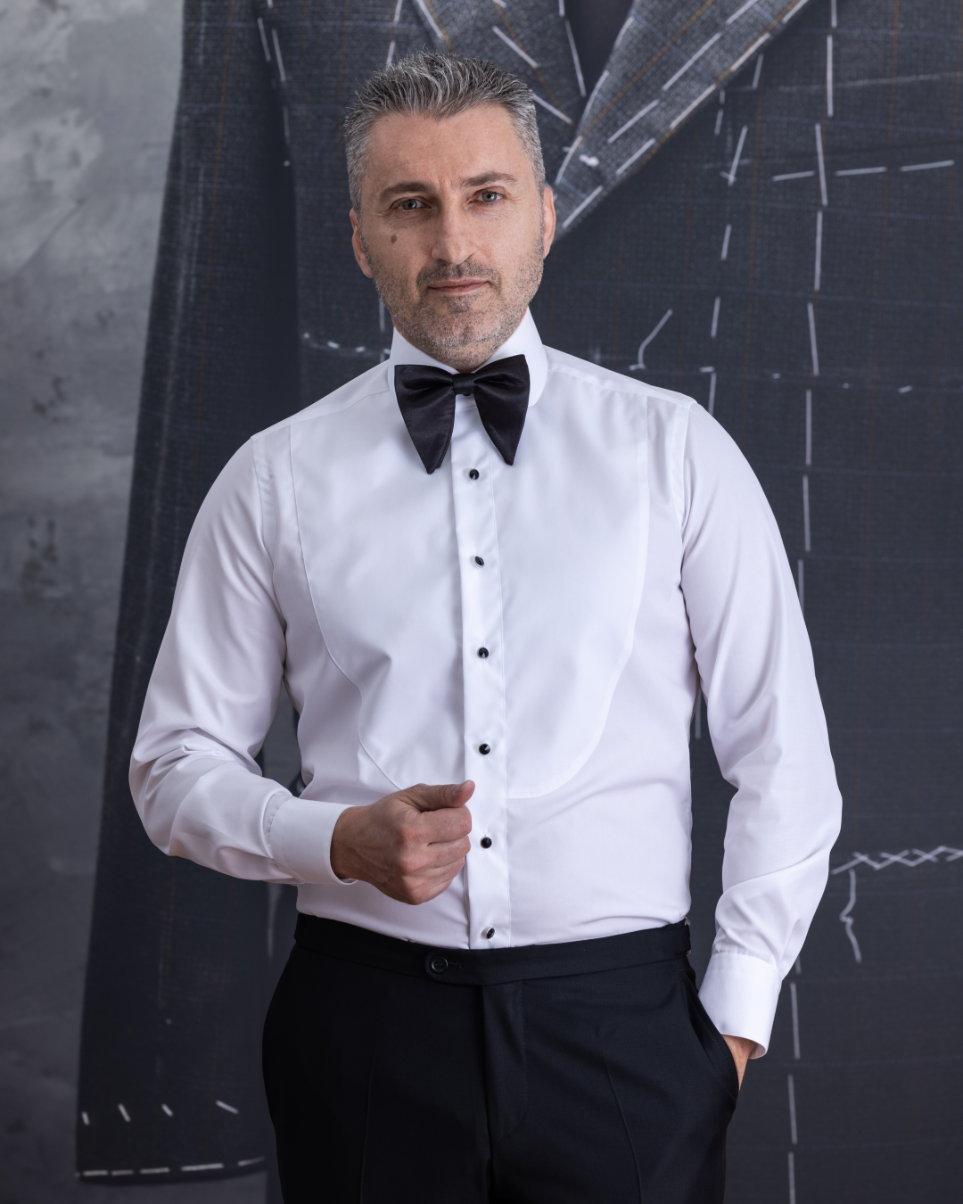 Camasa barbati alba ceremonie cu plastron scurt Merer