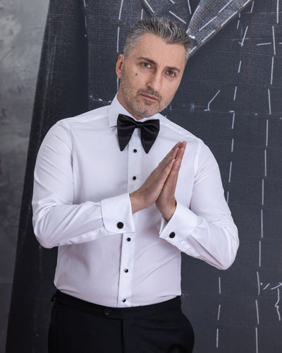 Camasa barbati alba ceremonie cu nasturi negri cu piciorus Merer