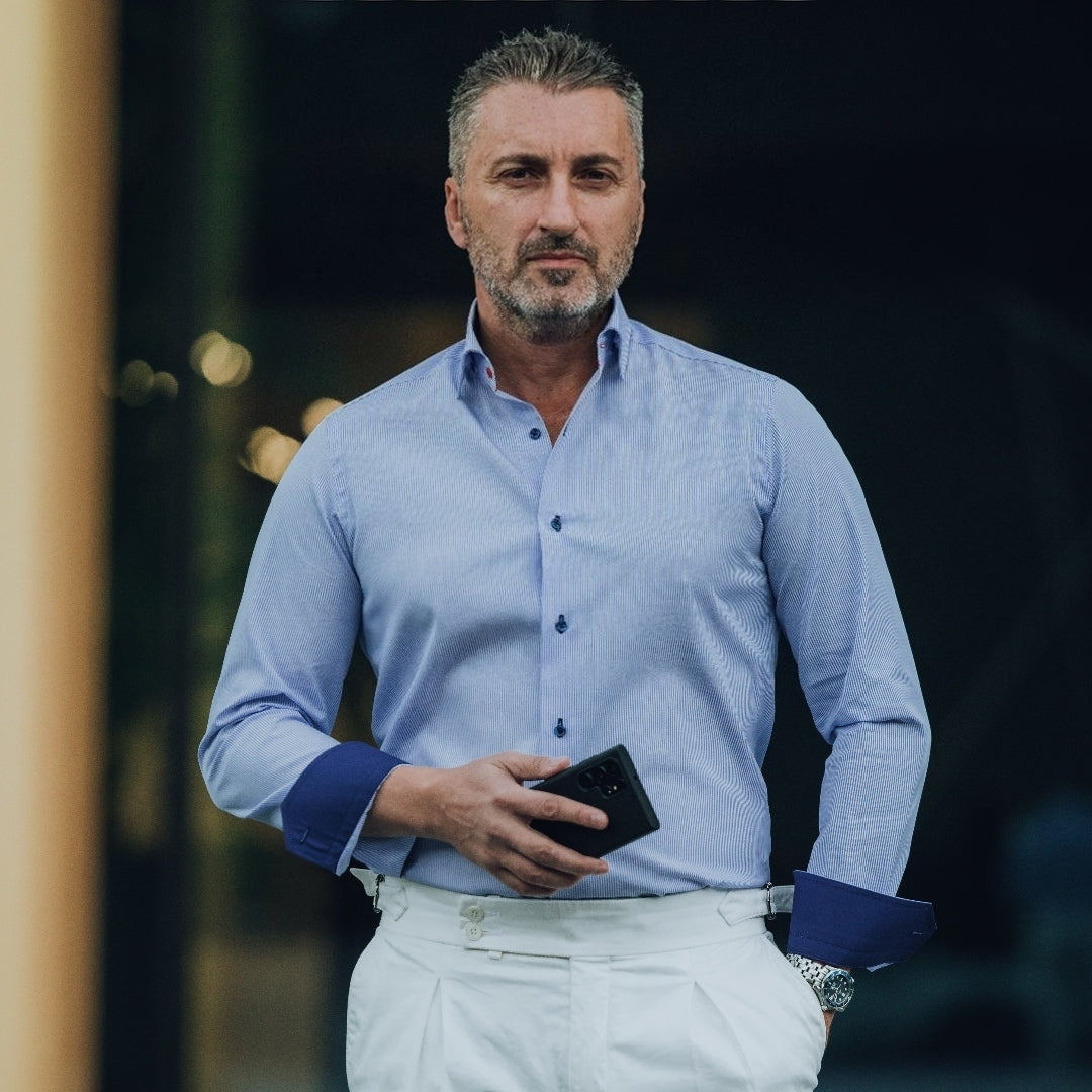 Camasa barbati in dungi fine bleu cu detalii de design business casual Merer