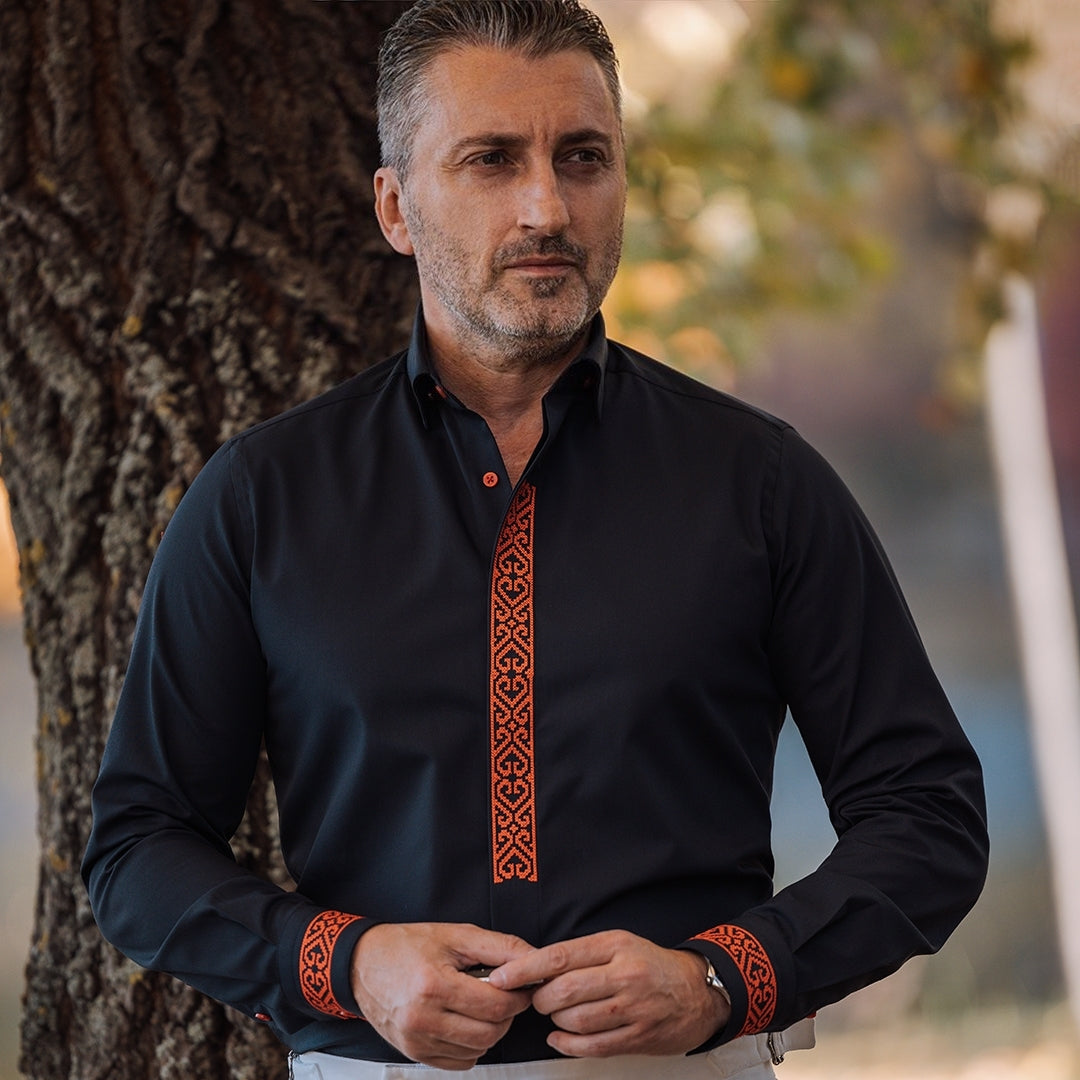 Men's black casua shirt with tunic collar and red embroidery Merer