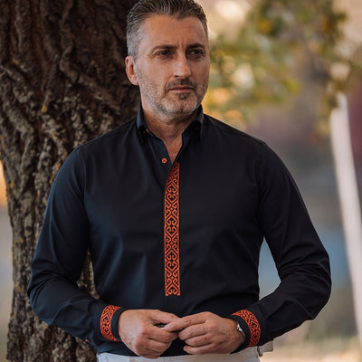 Men's black casua shirt with tunic collar and red embroidery Merer