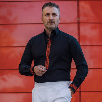 Men's black casua shirt with tunic collar and red embroidery Merer