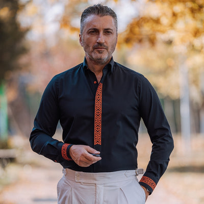Men's black casua shirt with tunic collar and red embroidery Merer