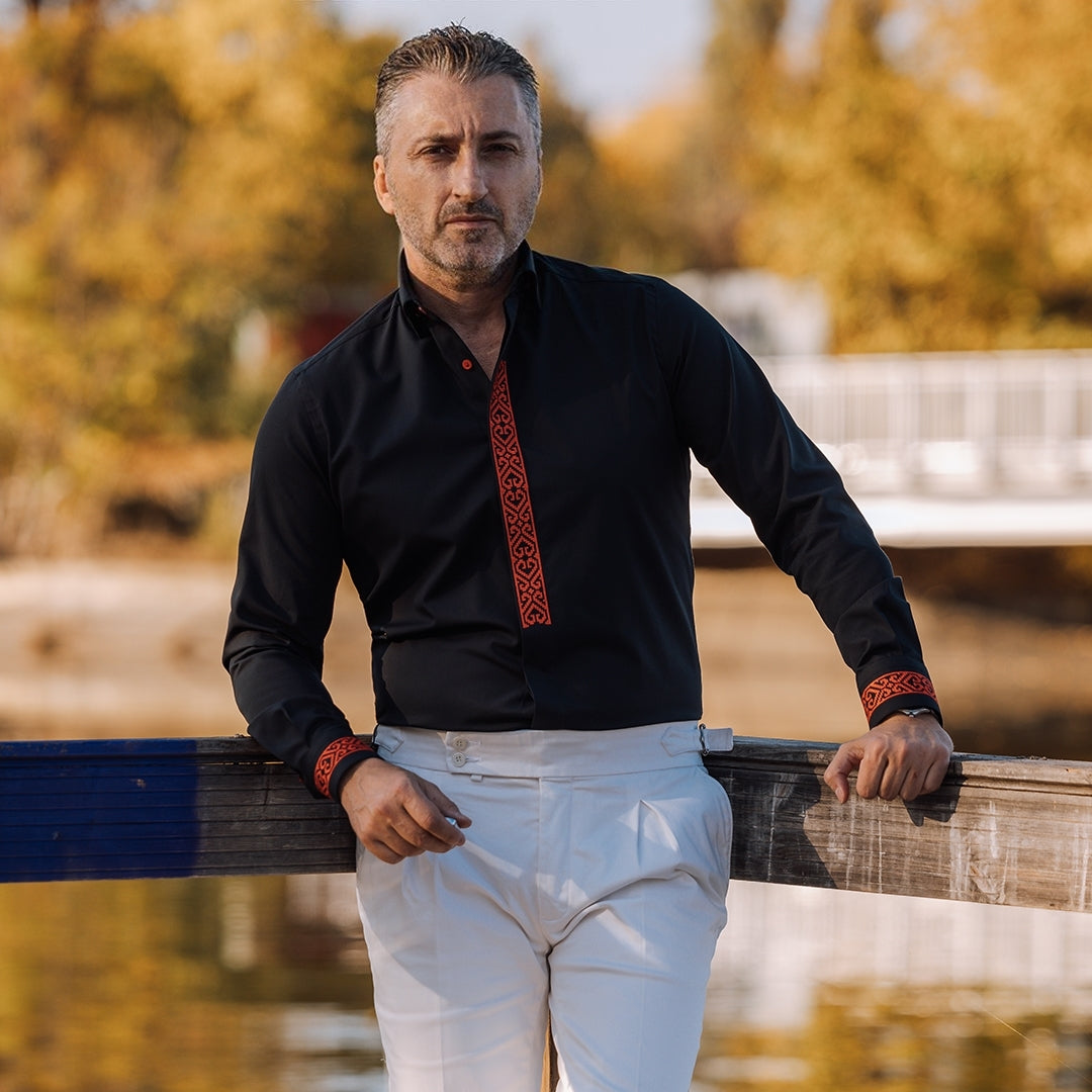 Men's black casua shirt with tunic collar and red embroidery Merer