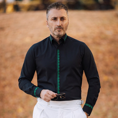 Men's casual black traditional shirt embroidered with green thread Merer