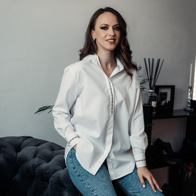 Camasa femei alba oversize cu motive fine florale brodate Merer