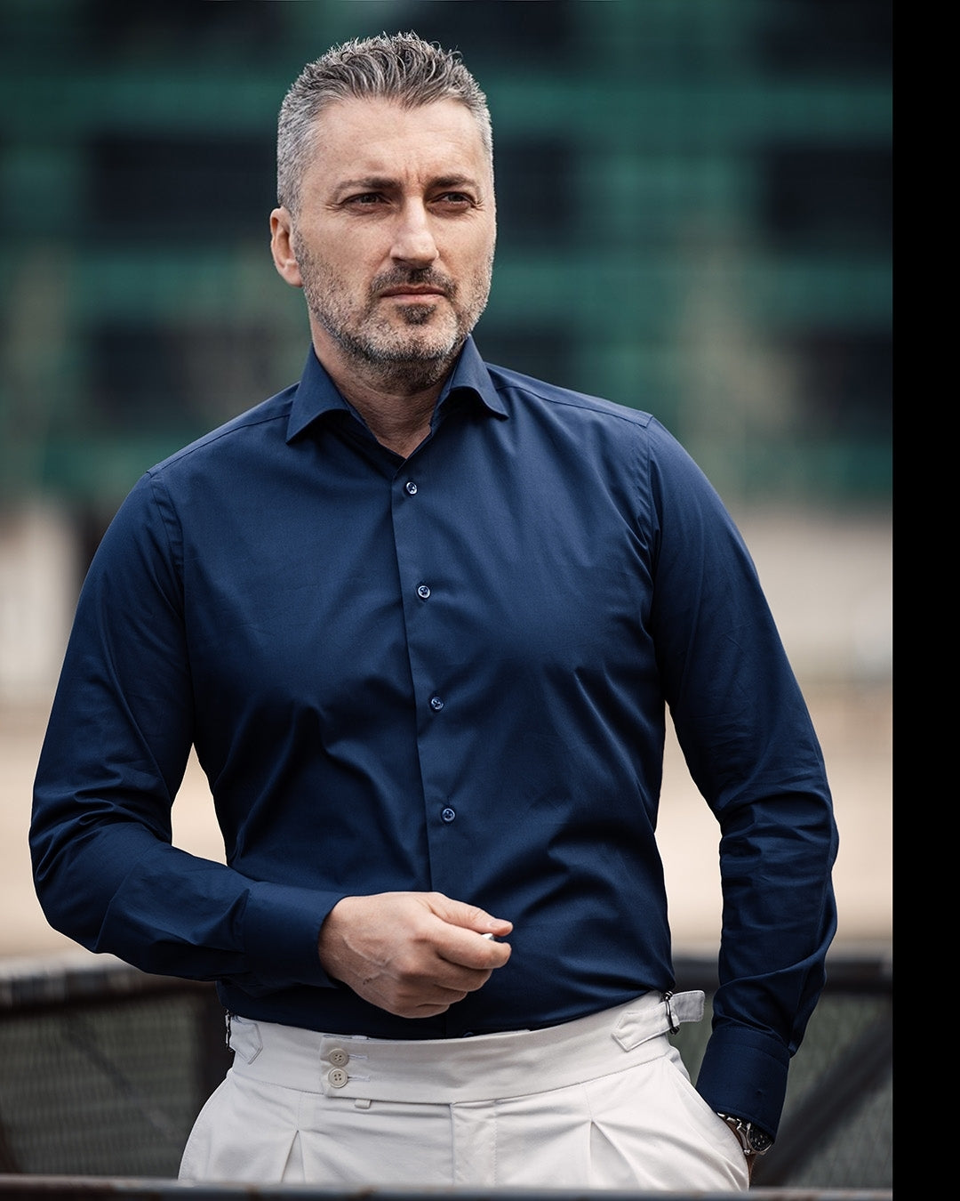 Casual navy blue plain shirt with color-matched buttons