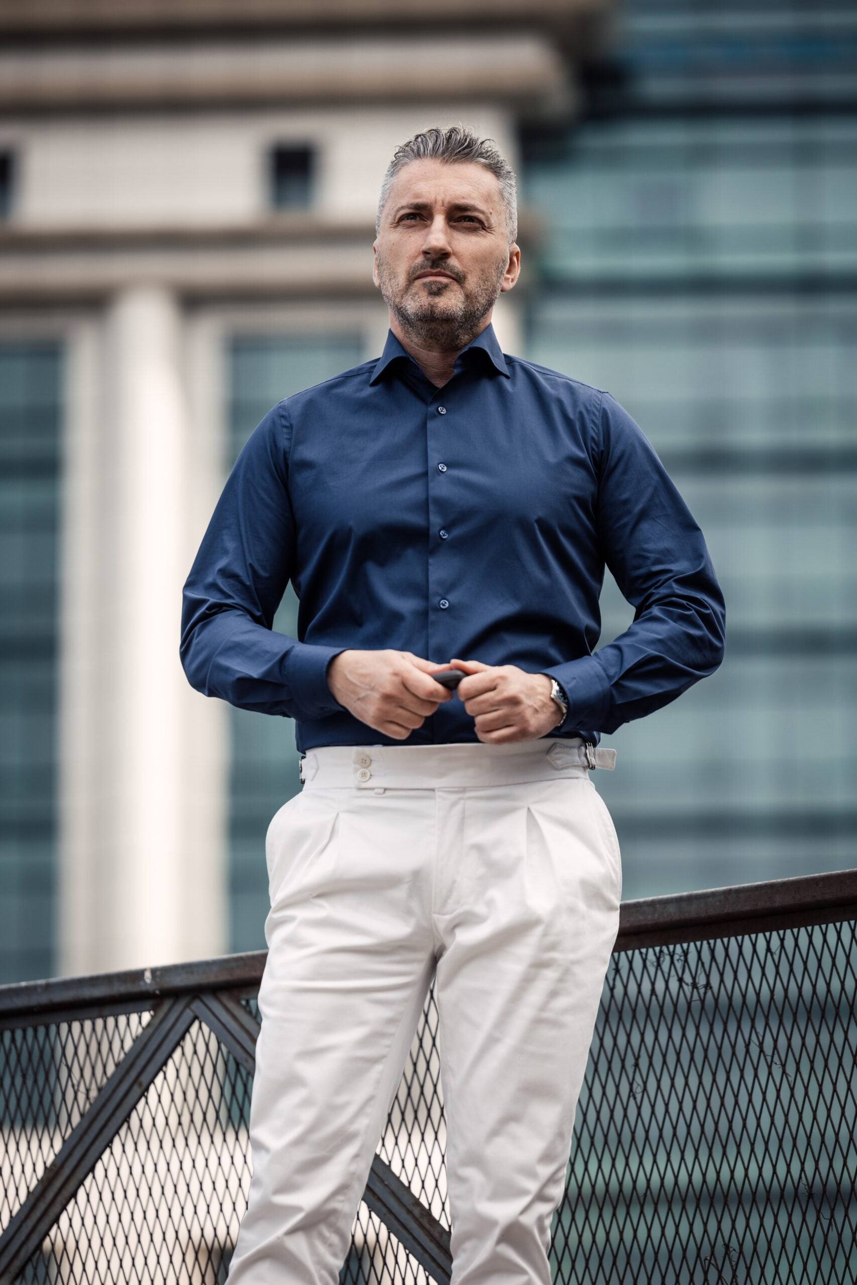 Casual navy blue plain shirt with color-matched buttons