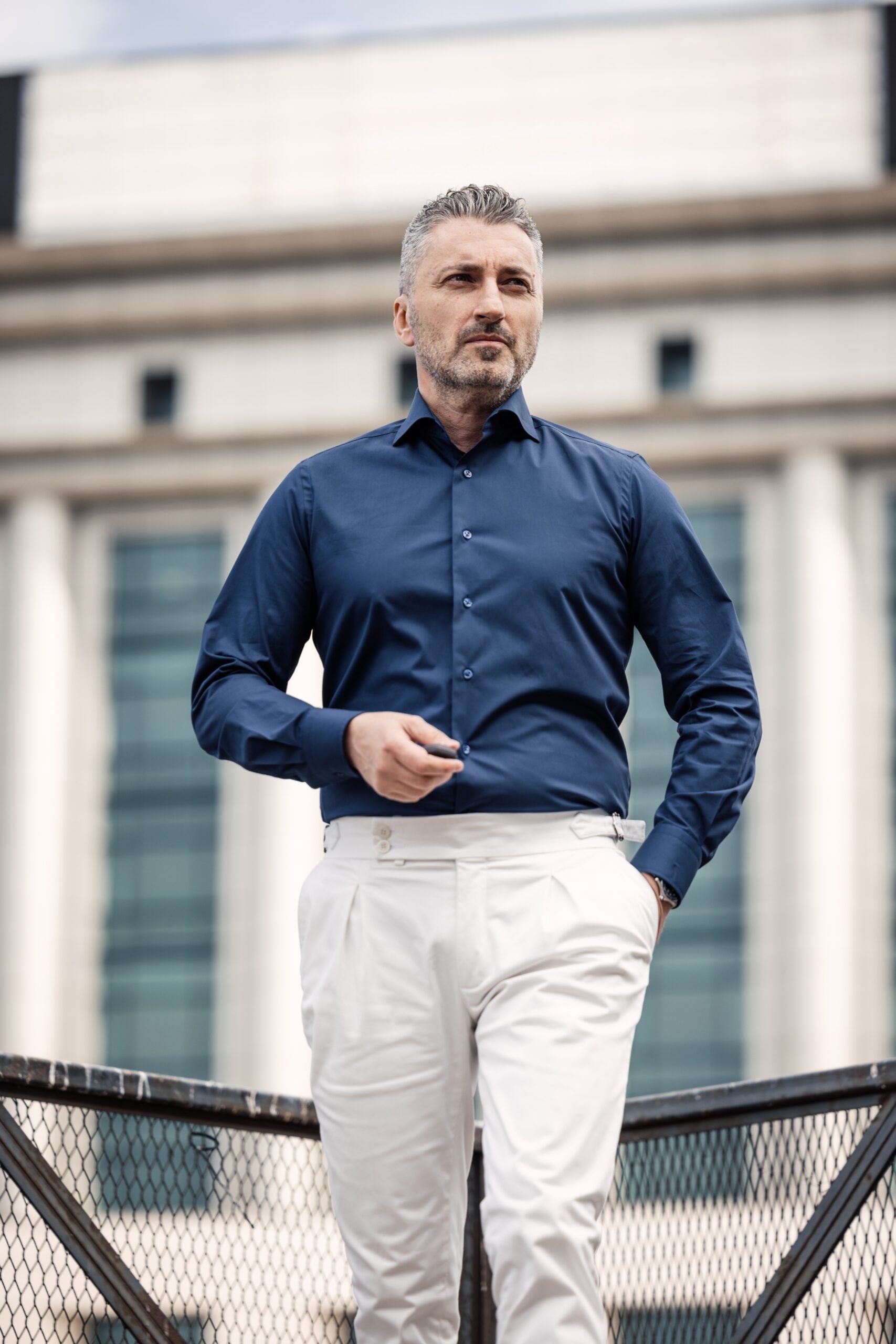 Casual navy blue plain shirt with color-matched buttons