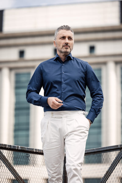 Casual navy blue plain shirt with color-matched buttons
