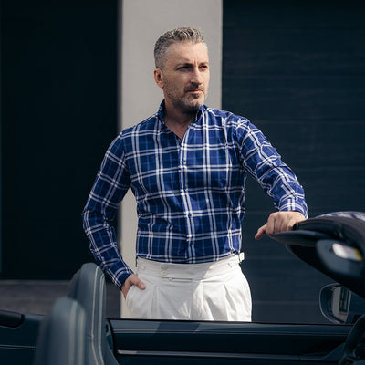 Camasa barbati in carouri bleumarin casual Merer