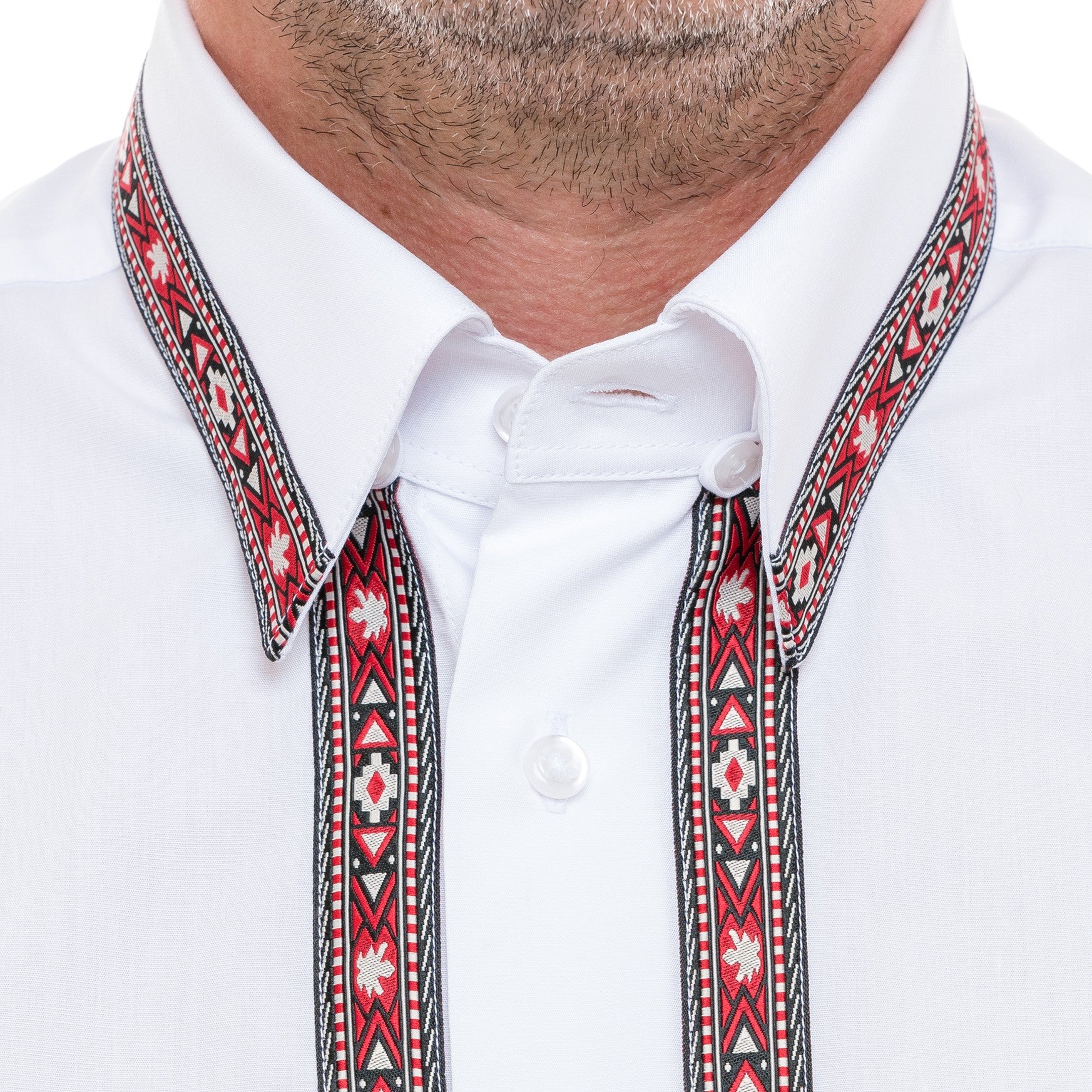 Men's casual white shirt with traditional red-black motifs Merer