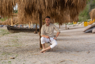 Camasa barbati casual bej din IN culoarea nisipului cu nasturi din scoica Merer