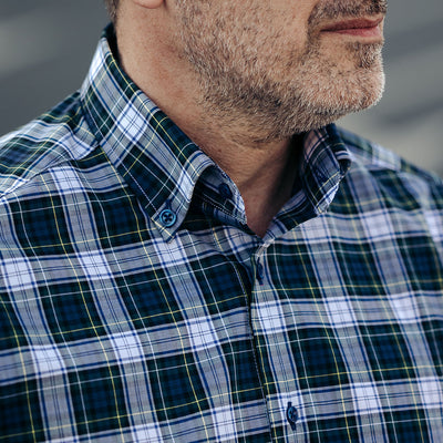 Men's casual shirt in navy blue and green Merer plaid