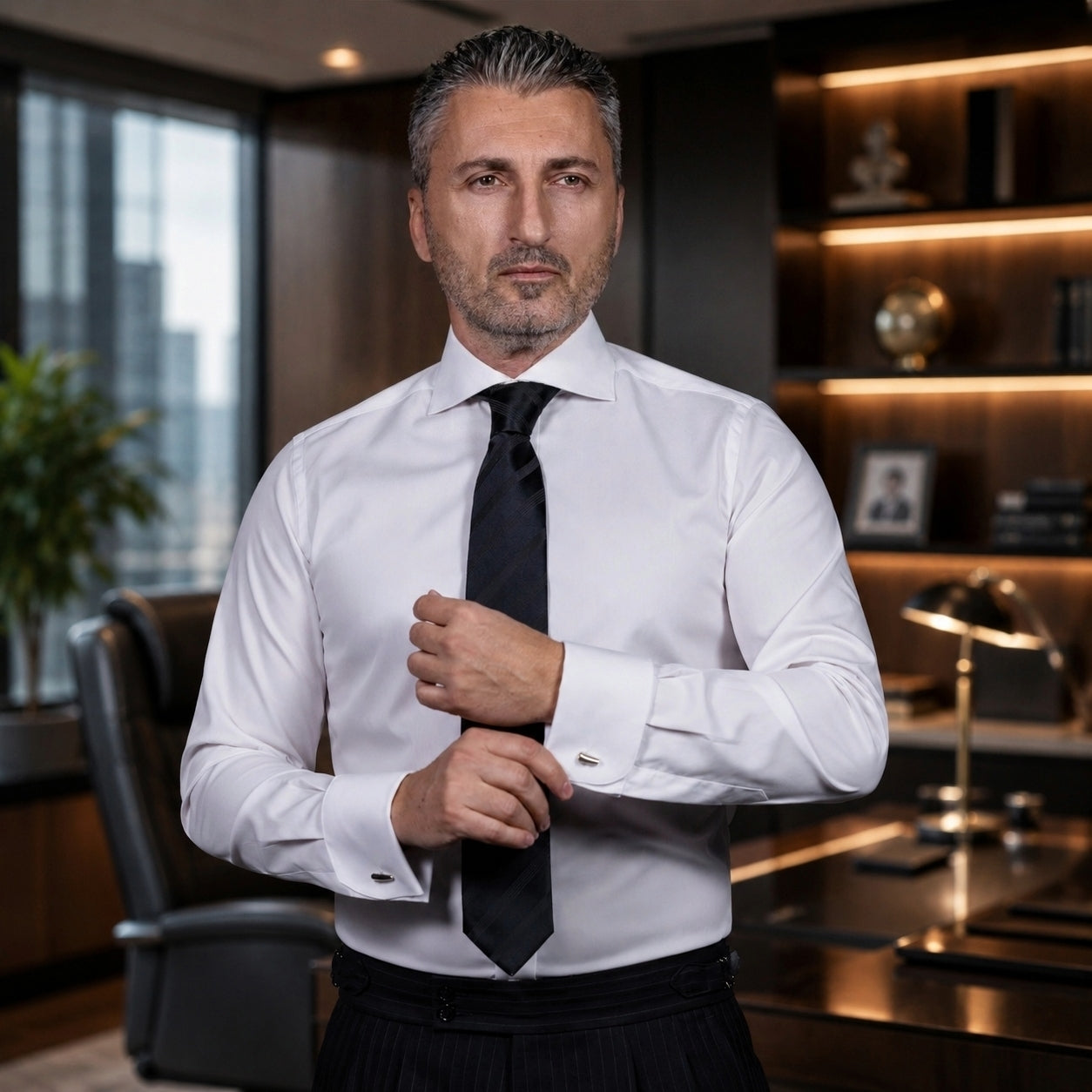 Men's white shirt with open collar and double cuffs Merer