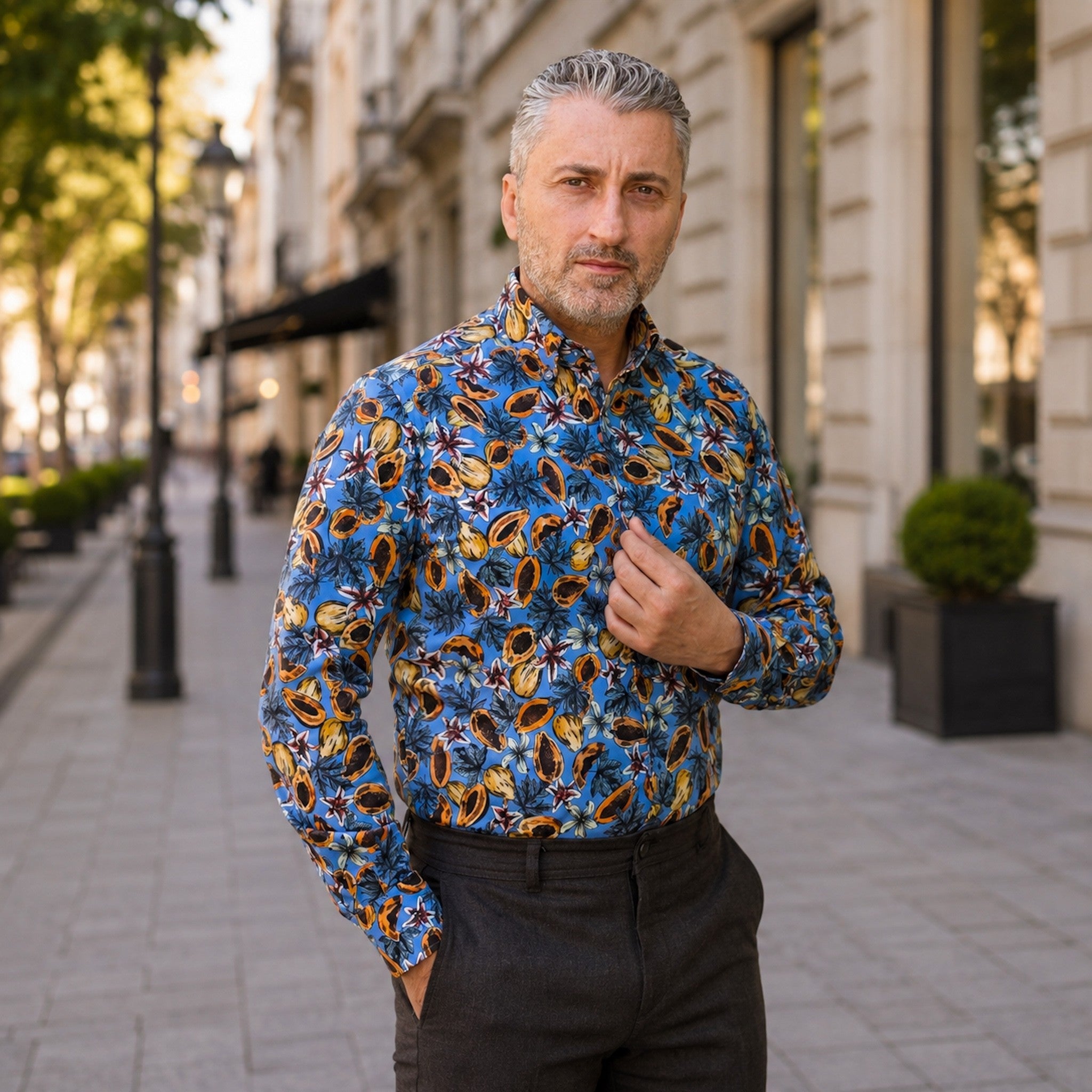 Cămașă bărbați casual imprimeu albastru cu fructe Merer