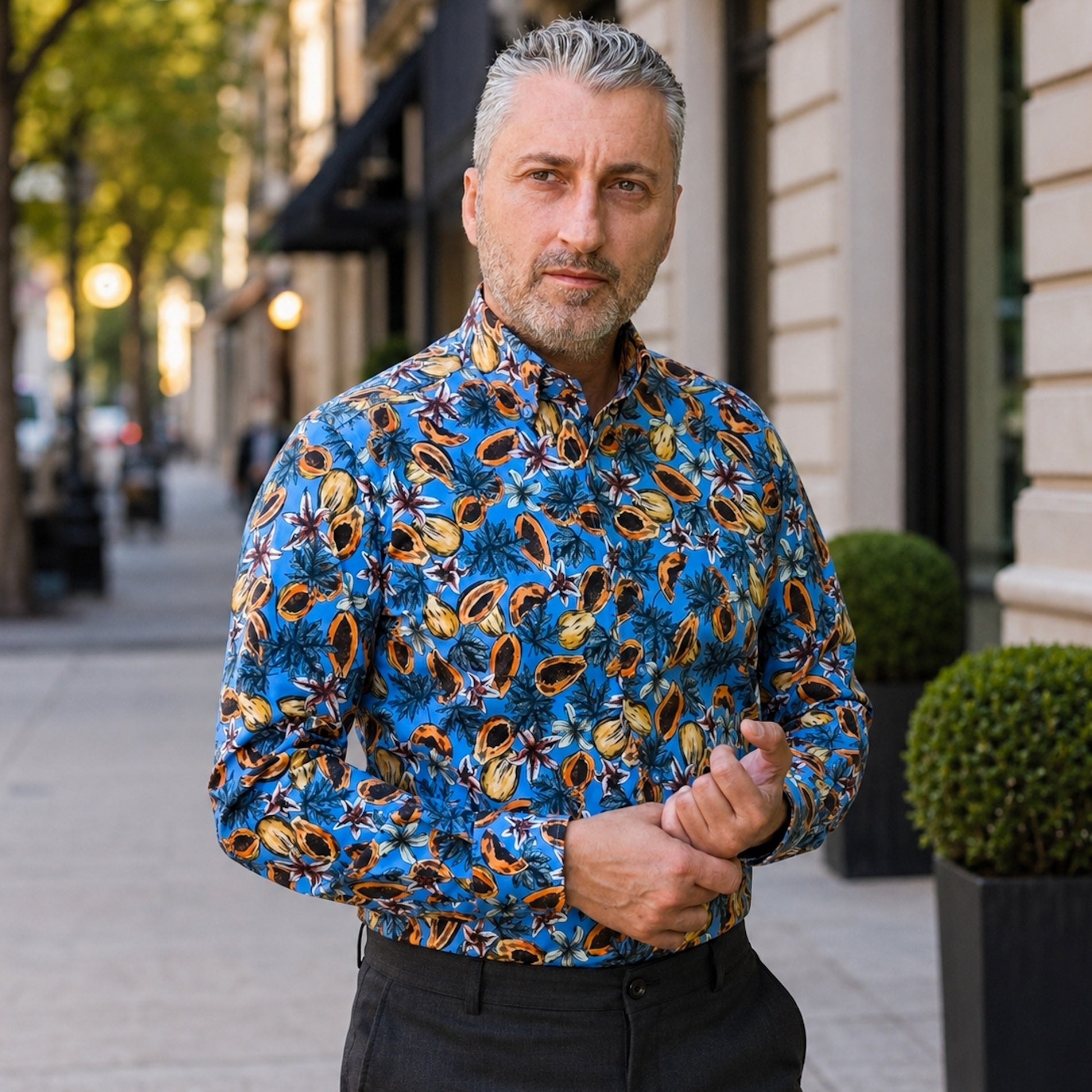 Cămașă bărbați casual imprimeu albastru cu fructe Merer