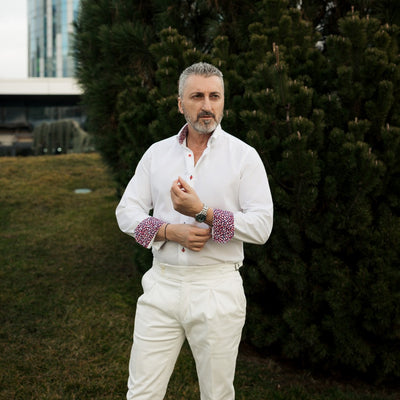 Men's white business casual shirt with red navy trim Merer