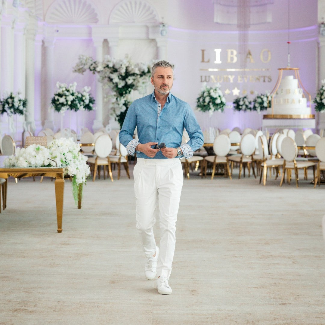 Camasa barbati casual bleu denim cu garnituri florale Merer